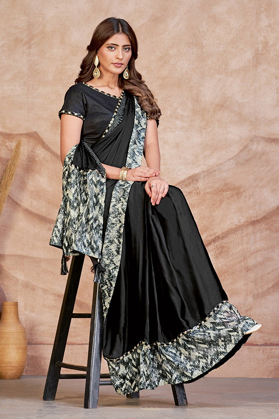 Black Satin Silk Embroidered Saree with Stitched Blouse