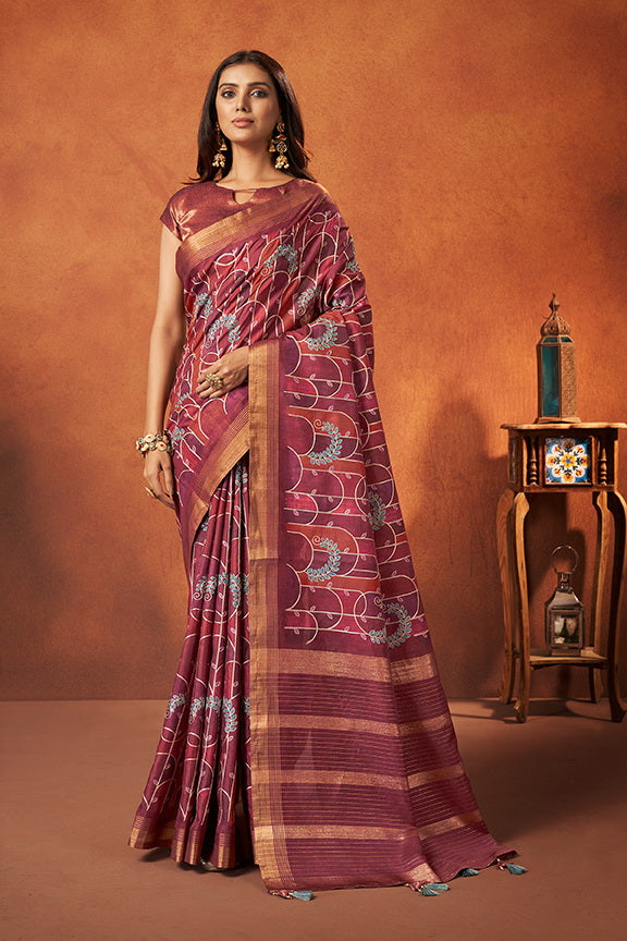 Maroon Silk Woven Saree with unstitched Blouse