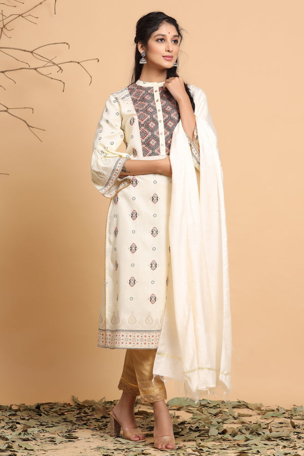 Jashvi Ivory Ethnic Motif Printed Rayon Kurta With Dupatta Set