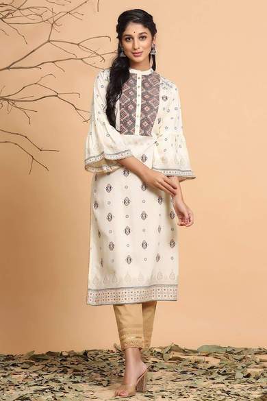 Ivory Rayon Printed Straight Kurta Dupatta Set With Rubber-Band - Juniper