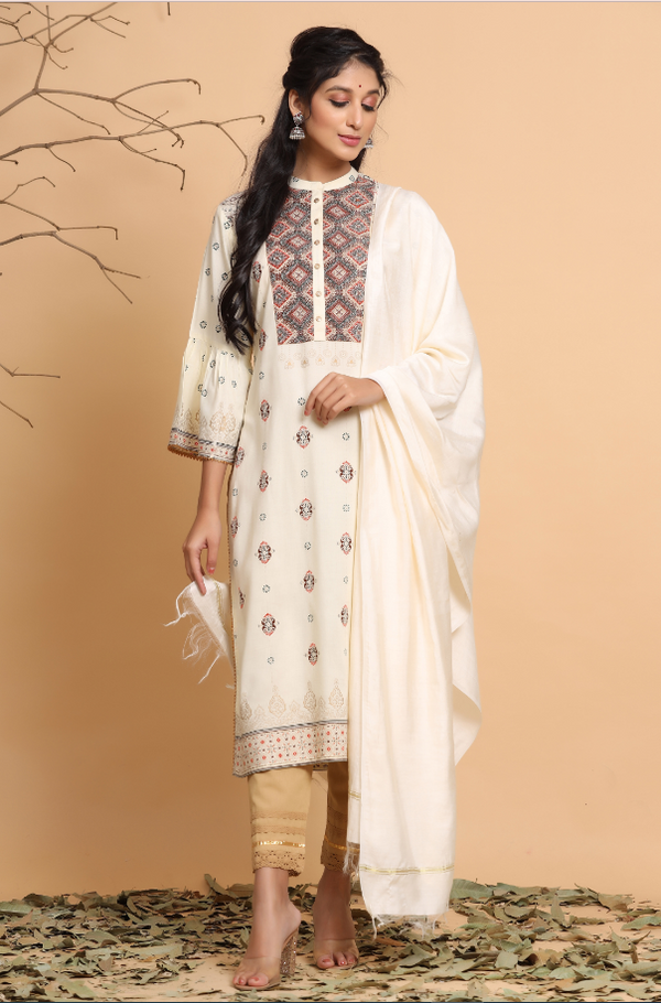 Women's Ivory K- Rayon Staple, B- Cotton Flex, D- Viscose Solid Straight Kurta Set - Juniper