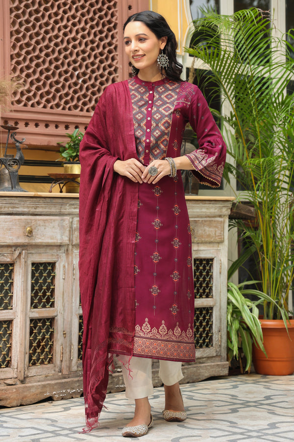 Jashvi Wine Ethnic Motif Printed Rayon Straight Kurta & Dupatta Set With Buttons