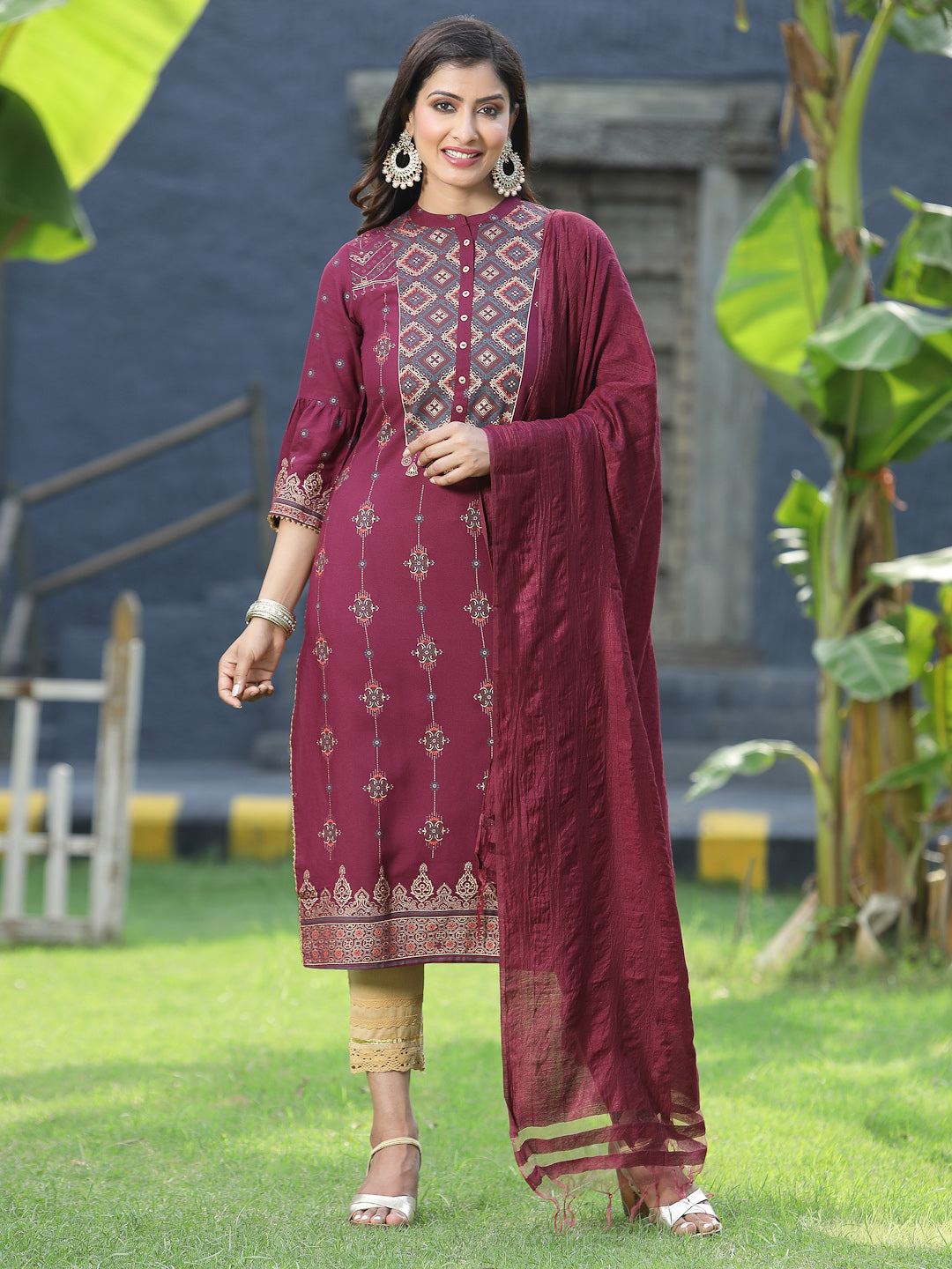 Women's Wine Rayon Printed Straight Kurta Dupatta Set - Juniper