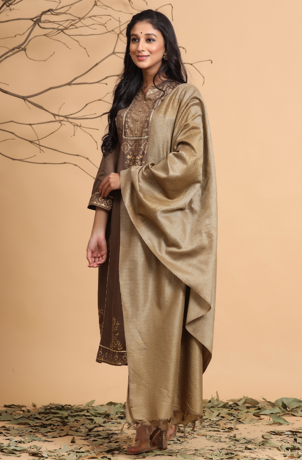 Women's Brown Rayon Printed Straight Kurta Set - Juniper