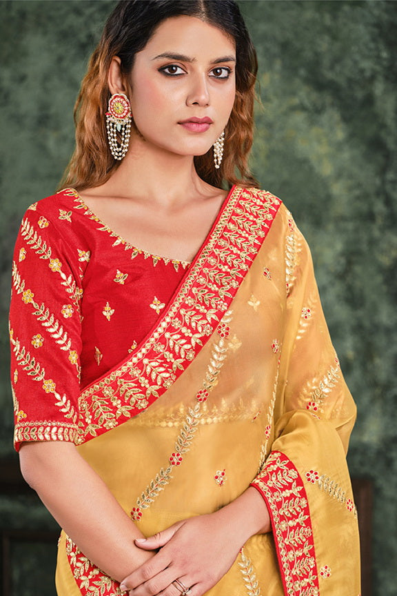 Yellow Net Organza Embroidered Saree with Unstitched Blouse