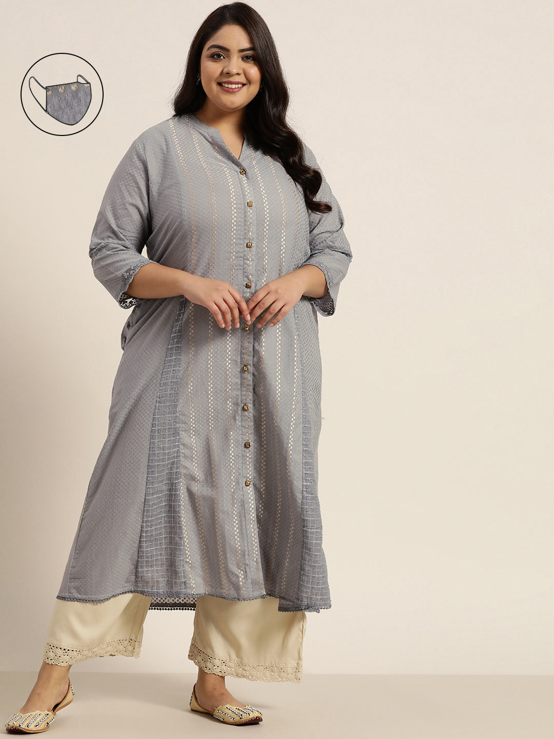 Women's Grey Cotton Dobby Printed A-Line Kurta - Juniper