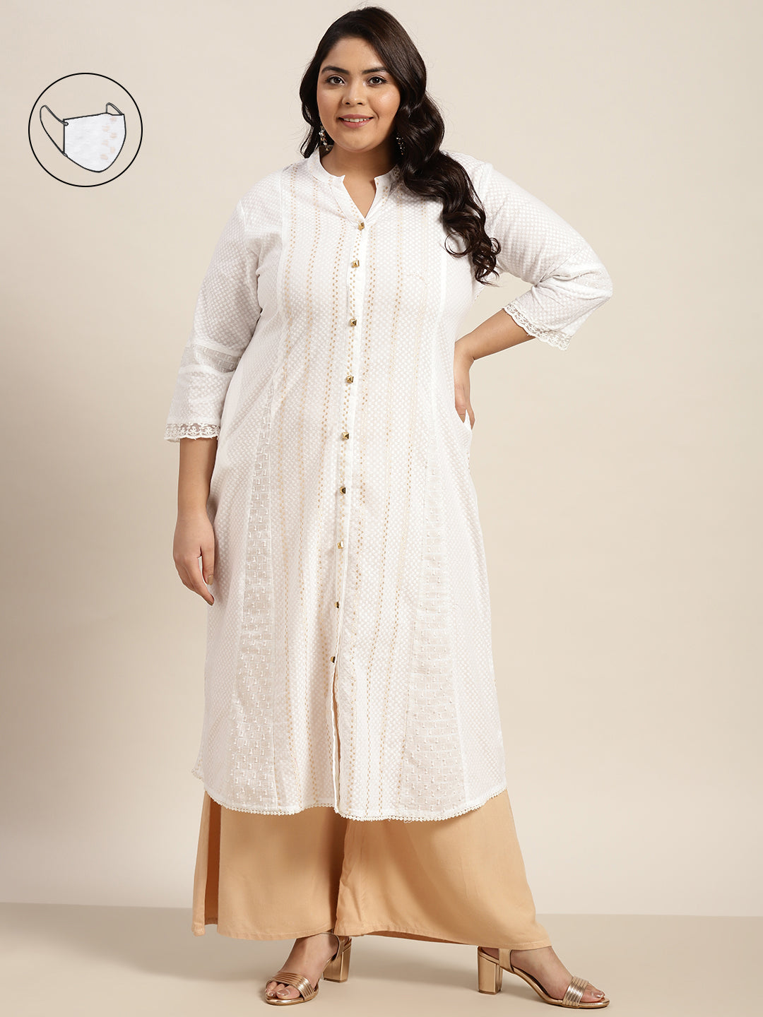 Women's White Cotton Dobby Printed A-Line Kurta - Juniper