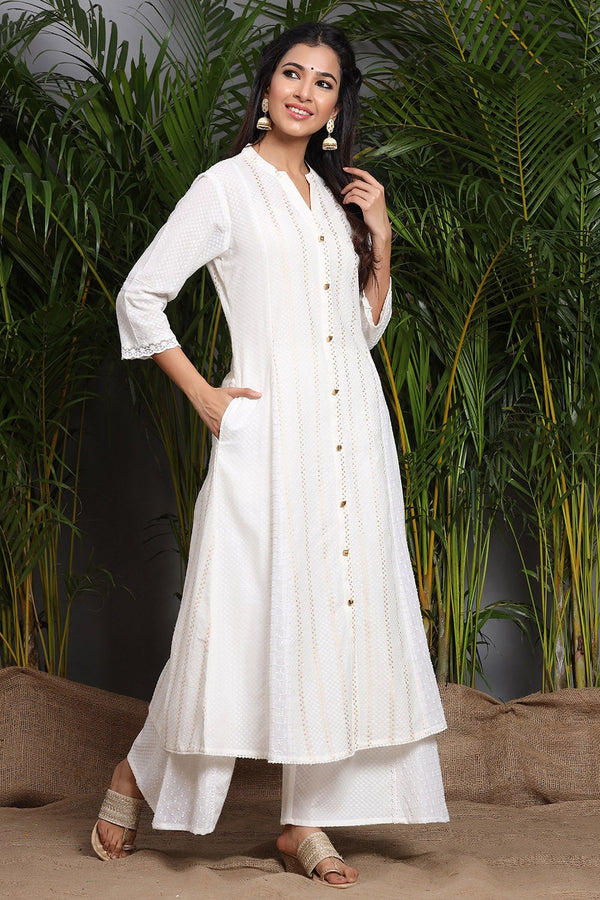 Jashvi White Solid Cotton Dobby A-Line Kurta With Buttons