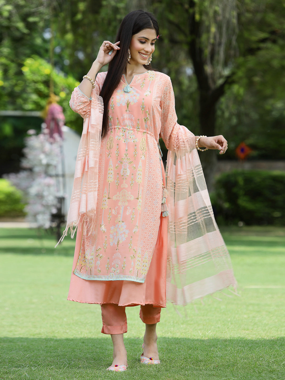 Women's Orange Georgette Printed Layered Kurta Sets - Juniper