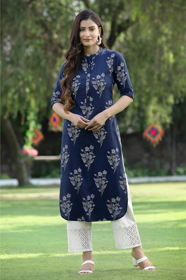 Jashvi Indigo Bandhani Printed Rayon Slub Straight Kurta With Buttons