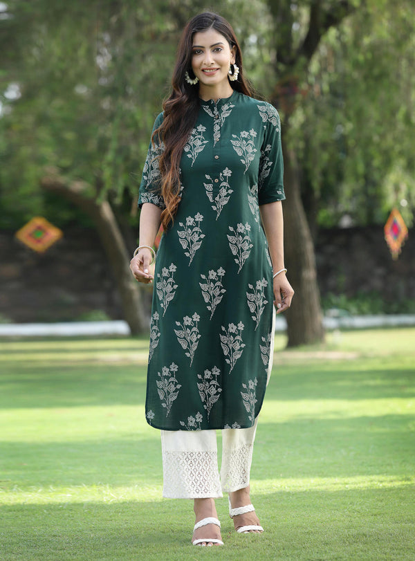 Jashvi Jade Green Bandhani Printed Rayon Slub Straight Kurta With Buttons