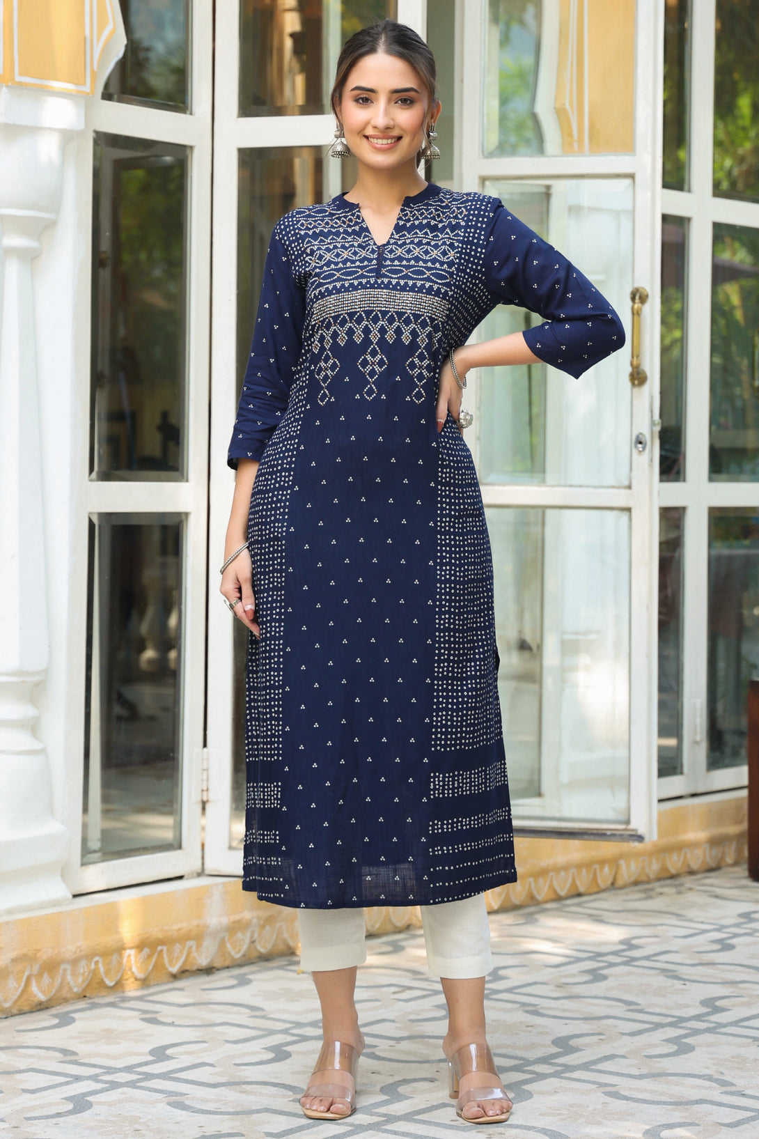 Women's Indigo Rayon Slub Bandhani Printed A-Line Kurta - Juniper