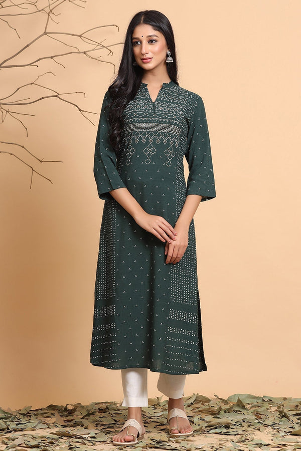 Jashvi Jade Green Bandhani Printed Rayon Slub A-Line Kurta.