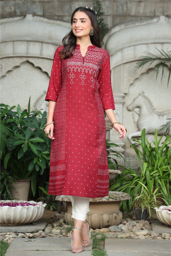 Jashvi Maroon Bandhani Printed Rayon Slub A-Line Kurta.