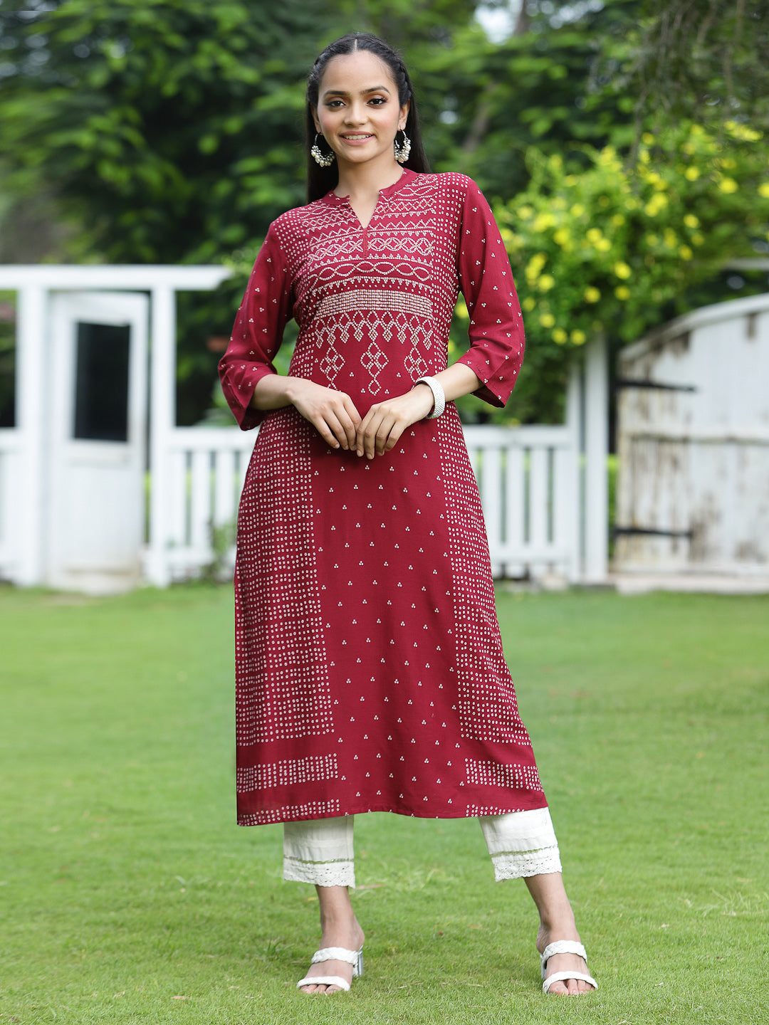 Women's Maroon Rayon Slub Bandhani A-Line Kurta - Juniper