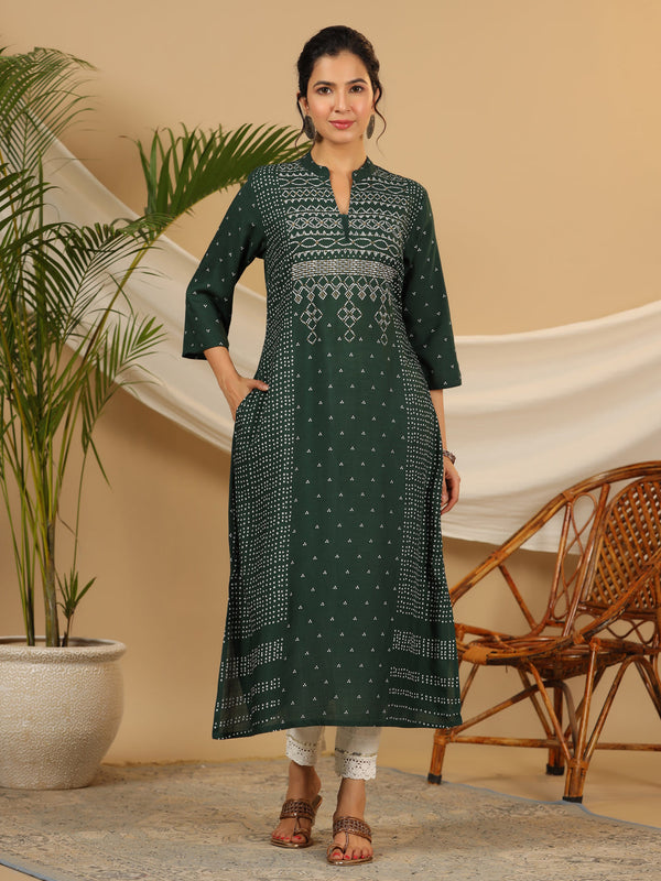 Jashvi Jade Green Bandhani Printed Rayon Slub Kurta With Pant Set