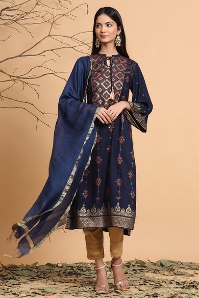 Indigo Rayon Printed Straight Kurta Dupatta Set With Rubber-Band - Juniper