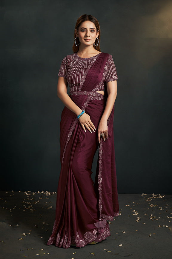 Wine Satin Silk Ready to Wear Designer Saree with Stitched Blouse