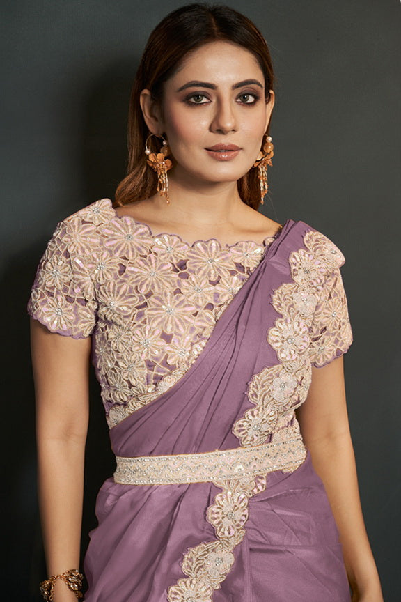 Purple Organza Silk Embroidered Ready to wear Saree with Stitched Blouse