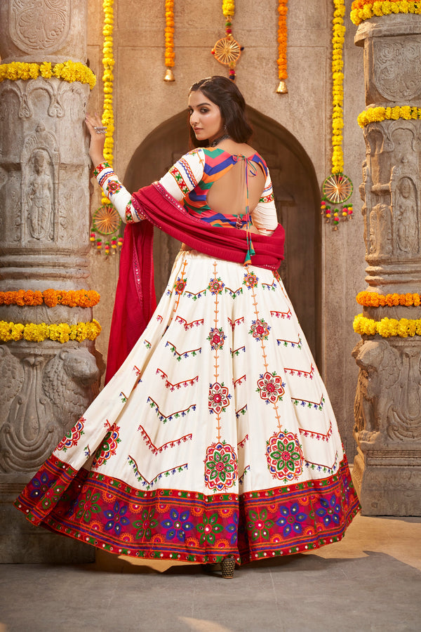 Women's Pearl White Viscose Rayon Thread Embroidered Lehenga Set - Shubhkala