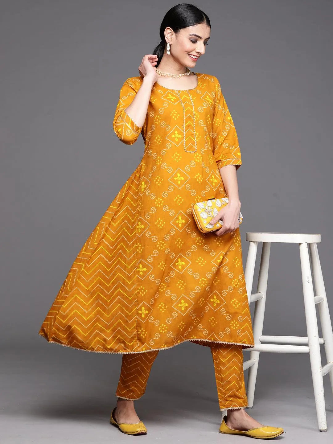 Mustard Printed Cotton Kurta - Jashvi