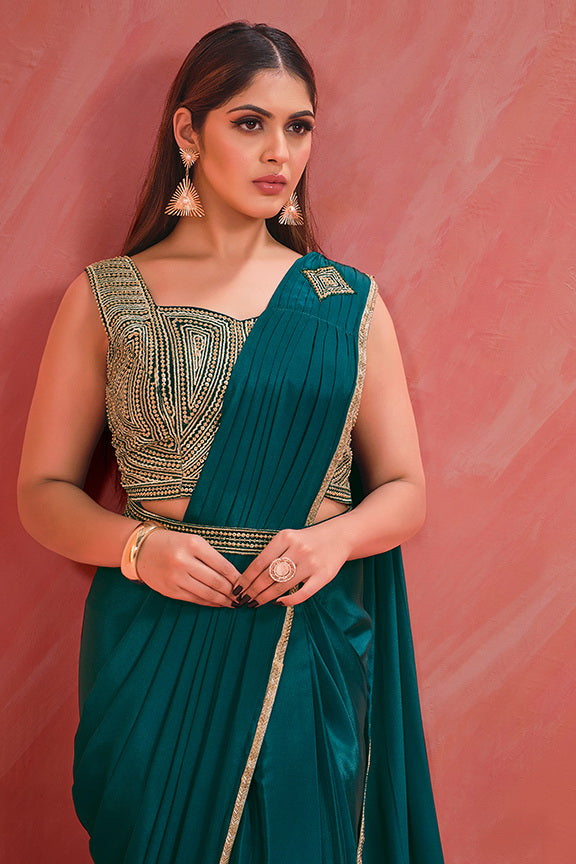 Green Silk Georgette Sequence Ready to wear Saree with Stitched Blouse