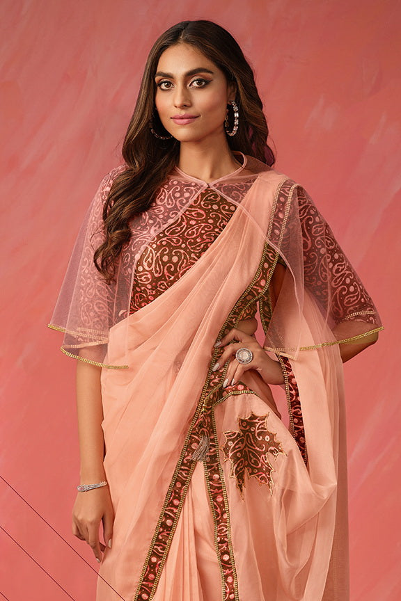 Peach Silk Tissue Digital Print Ready to wear Saree with Stitched Blouse