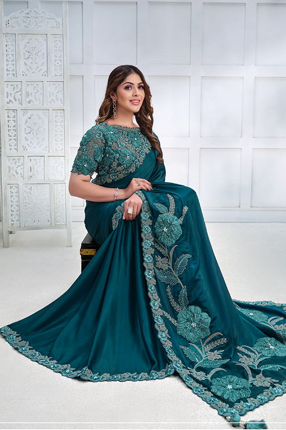 Teal Crepe Satin Silk Embroidered Saree with Unstitched Blouse