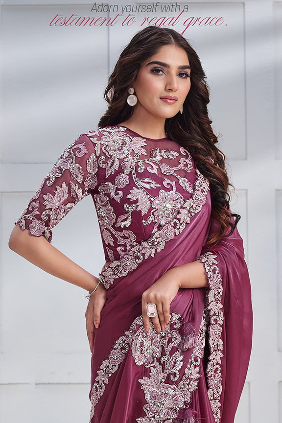 Maroon Satin Silk Embroidered Saree with Unstitched Blouse