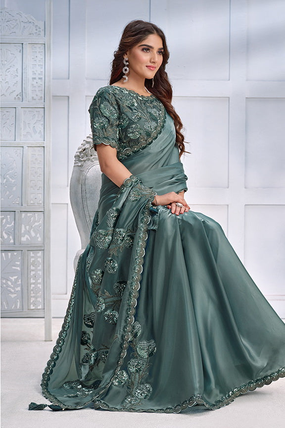 Green Satin Silk Embroidered Saree with Unstitched Blouse