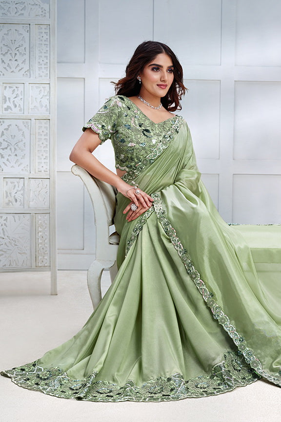 Green Tusser Silk Embroidered Saree with Unstitched Blouse