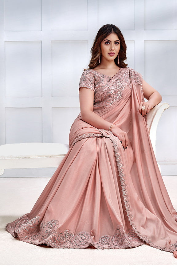 Peach Pure Crepe Georgette Embroidered Saree with Unstitched Blouse