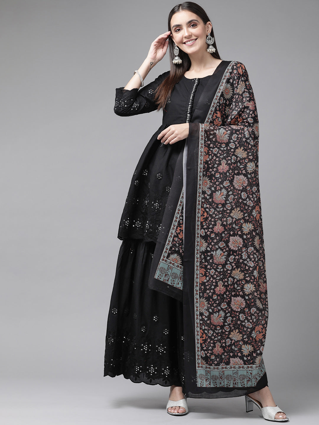 Women's Black Empire Mirror Work Pure Cotton Kurti With Sharara & Dupatta - Yufta