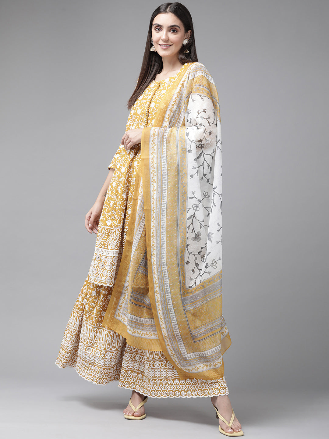 Women's Yellow Embroidered Thread Work Kurta With Sharara With Dupatta - Yufta