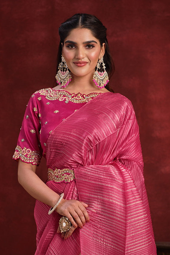 Pink Banarasi Crush Silk Texture Pallu  Saree with Stitched Blouse