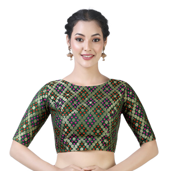 Women Bottle Green Brocade Saree Blouse by Shringaar (1pc)