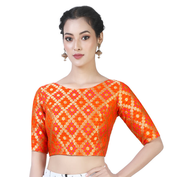 Women's Orange Color Bandhni Brocade Saree Blouse with Golden Zari Weave - Shringaar