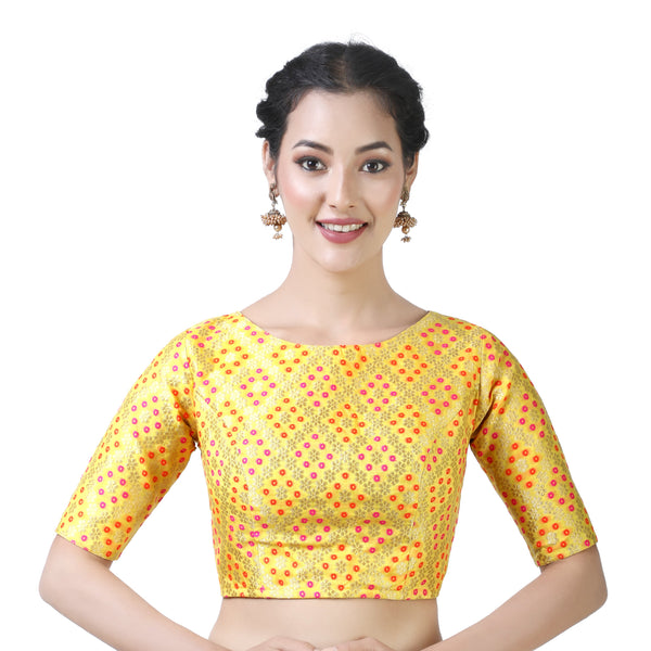 Women's Yellow Bandhni Brocade Blouse by Shringaar- (1pc set)