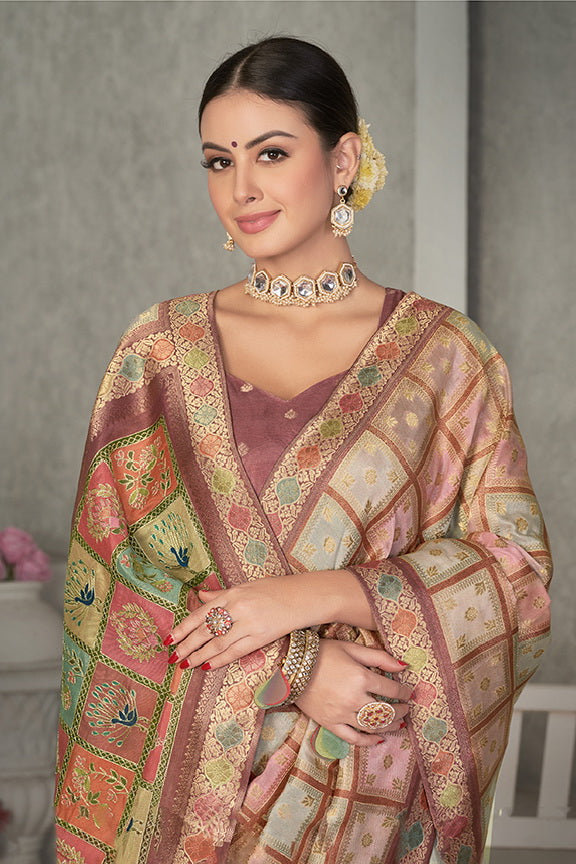 Peach Tussar Silk Saree with Unstitched Blouse