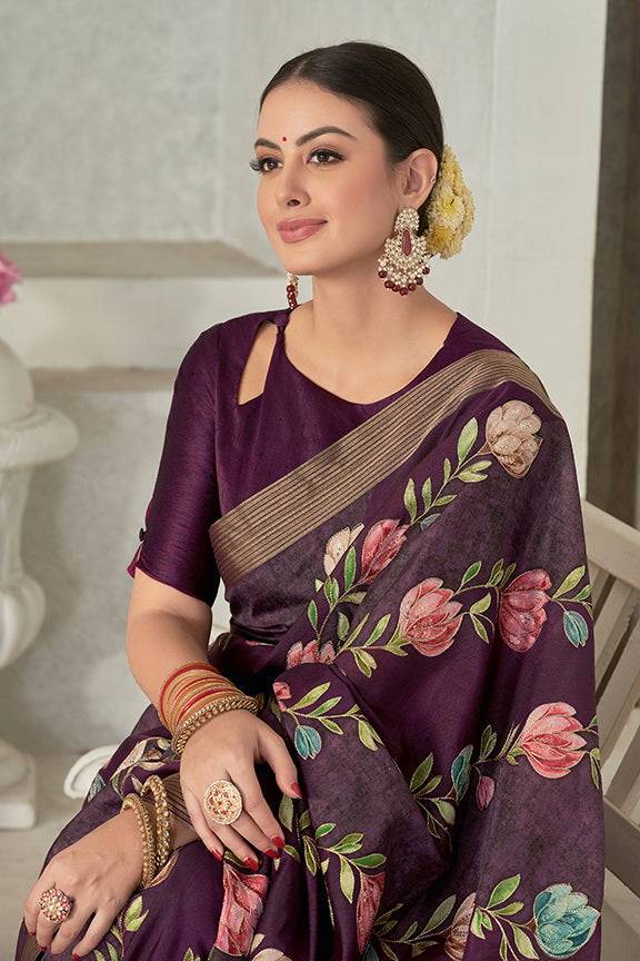 Purple Tussar Silk Embroidery Saree with Unstitched Blouse