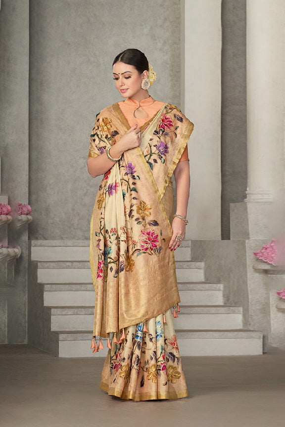 Beige Rangkat Tussar Silk Woven Design Saree  with Unstitched Blouse