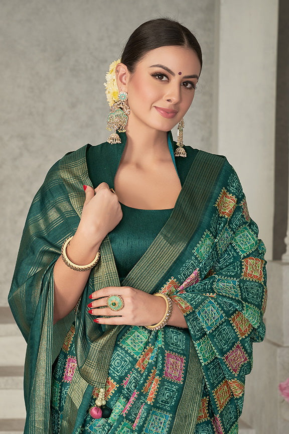 Green Tussar Silk Embroidery Design Saree  with Unstitched Blouse