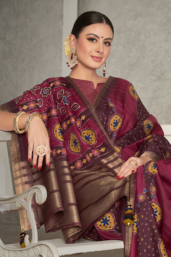 Maroon Tussar Silk Embroidery Design Saree  with Unstitched Blouse