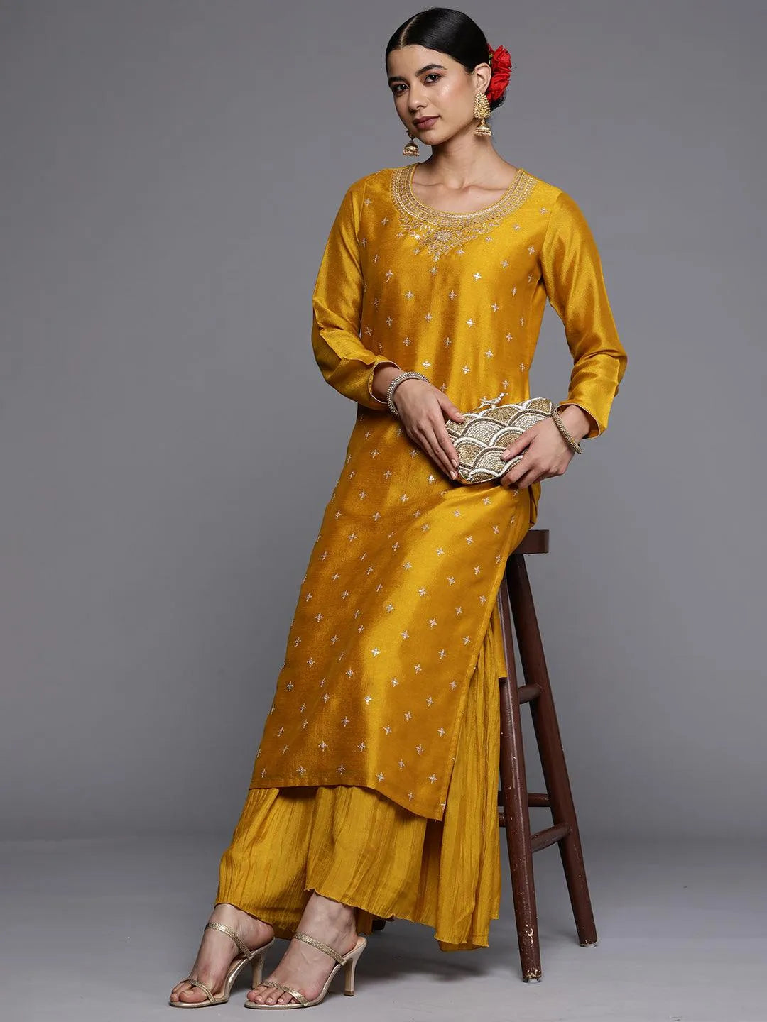 Mustard Embroidered Silk Straight Kurta - Jashvi