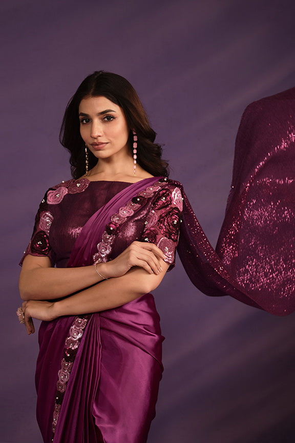 Purple Crepe Satin Silk Embroidered Ready to wear Saree with Stitched Blouse