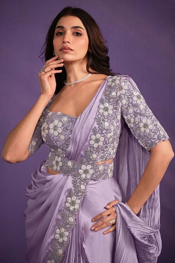 Purple Satin Silk Embroidered Ready to wear Saree with Stitched Blouse