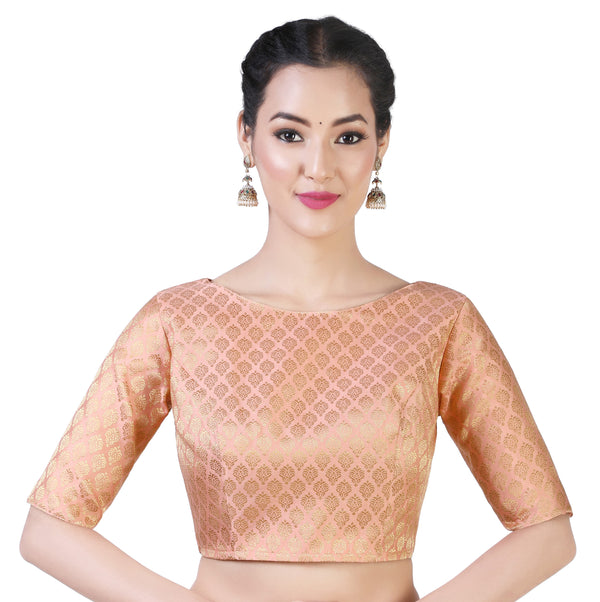 Women Peach Pastel Brocade Saree Blouse by Shringaar (1pc)