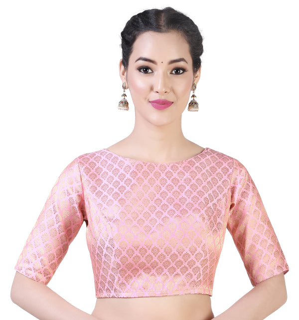 Women Baby Pink Pastel Brocade Saree Blouse by Shringaar (1pc)