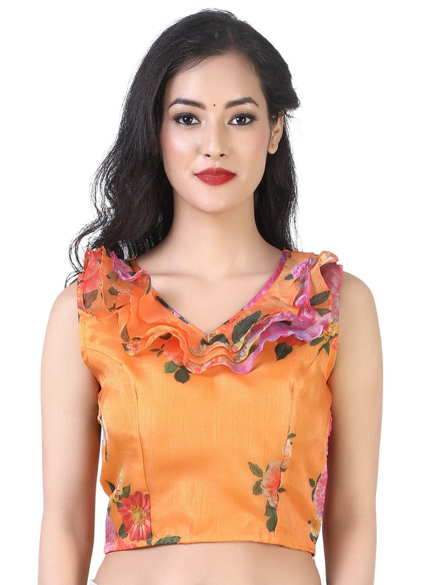 Women's Orange Organza Printed Crop Top Blouse. - Shringaar