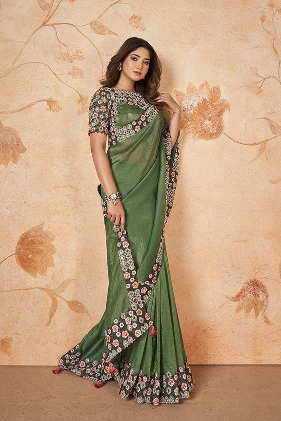 Green Banarasi Crush Silk Embroidered Saree with Unstitched Blouse